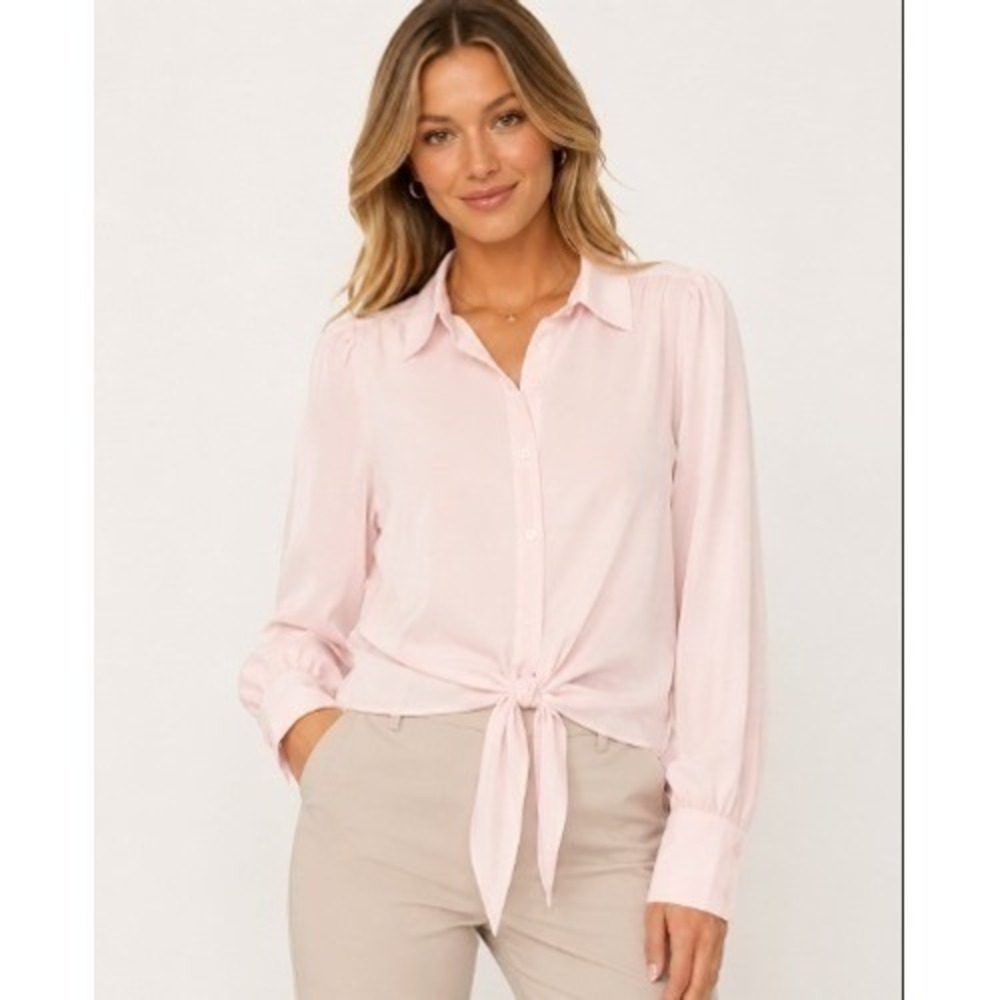 Karl Lagerfeld‎ Paris Womens Tie Front Button Down Blouse Pink Long Sleeve Large